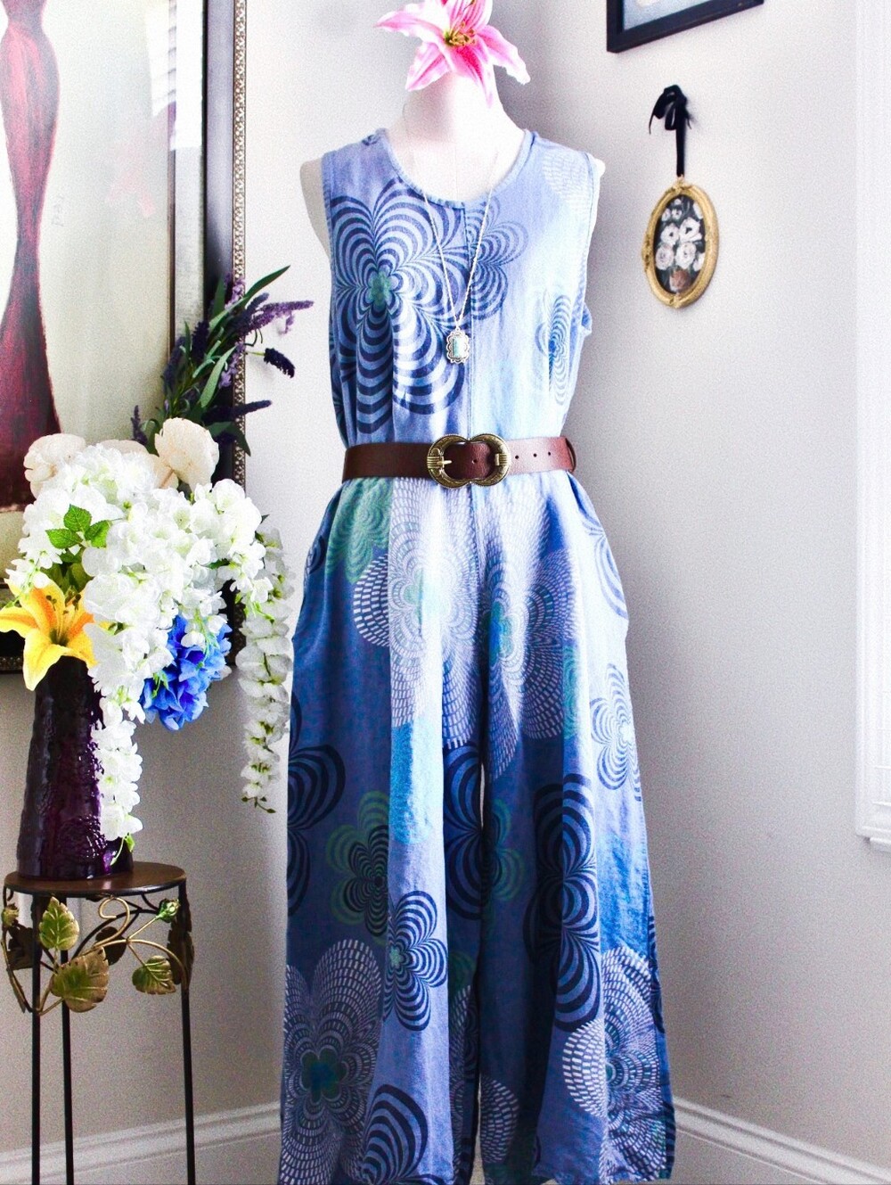 Belle France Wide Leg Blue Jumpsuit Bohemian  Floral Size Medium